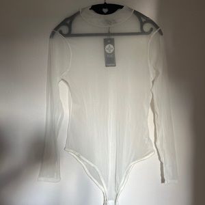 NWT Boohoo white sheer nylon bodysuit with snaps at the crotch. Sz 14 MADE IN UK